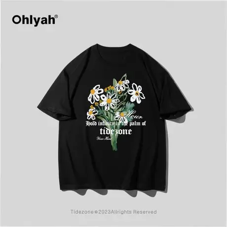Ohlyah美式复古小花朵字母短袖T恤男女夏季植物花卉宽松百搭半袖图片