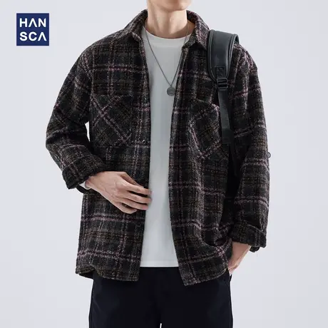 hansca秋季重磅磨毛加厚格子衬衫男长袖潮牌宽松休闲毛呢衬衣外套商品大图