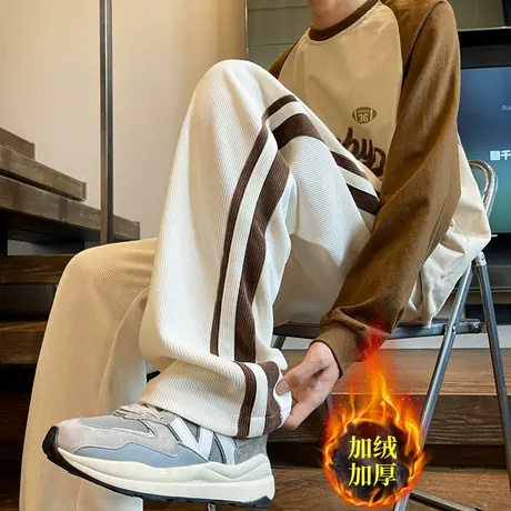 美式潮牌灯芯绒裤子男款秋冬季直筒宽松加绒加厚阔腿拖地休闲长裤商品大图