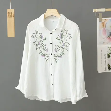 文艺刺绣长袖纯白衬衫女春季2024年新款小清新百搭衬衣打底衫上衣商品大图