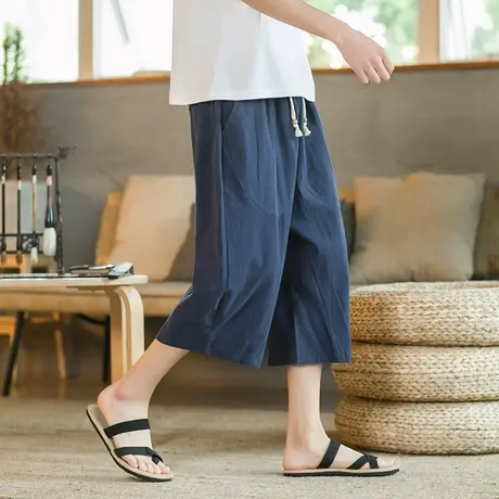 夏季七分裤男薄款亚麻休闲裤中国风宽松大码直筒裤棉麻沙滩短裤潮商品大图