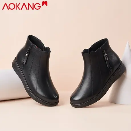 奥康女鞋2022冬季加绒保暖女棉鞋真皮休闲中老年妈妈棉鞋女靴牛皮图片