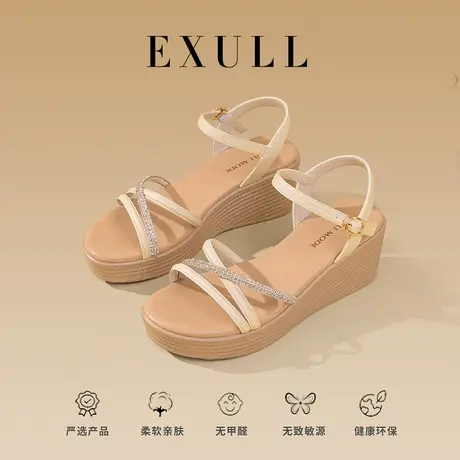 依思q女士坡跟凉鞋女2024年新款夏天水钻时尚增高配裙子的鞋子女商品大图