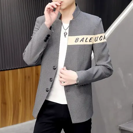 男士休闲立领西装外套潮流春秋季韩版痞帅夹克上衣男装千鸟格西服商品大图
