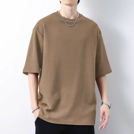 华夫格重磅t恤男士短袖2023新款夏季纯色五分袖圆领体恤潮流半袖商品大图