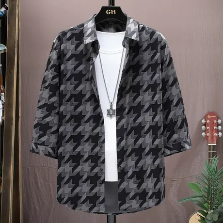 格子短袖衬衫男夏季新款翻领七分袖寸衫上衣外套潮牌男士休闲衬衣商品大图