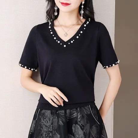 伊自尚2023年新款大码mm夏季时尚显瘦薄款珍珠针织短袖T恤上衣女商品大图