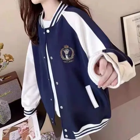 2023春秋装新款韩版刺绣拼接短外套女宽松单排扣棒球服休闲上衣潮图片