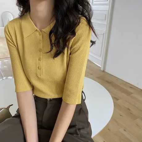 2022春季新款polo领针织衫女上衣冰丝中袖翻领短袖打底衫薄款毛衣商品大图