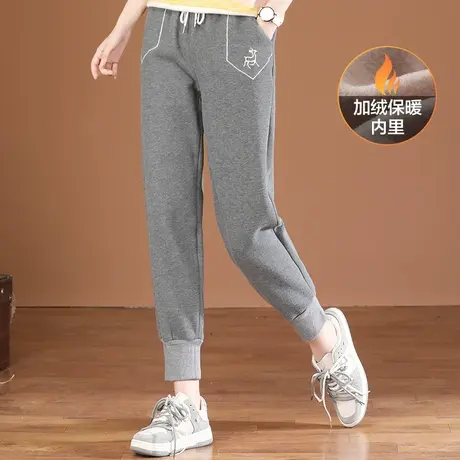 韩潮袭人松紧腰刺绣加绒运动裤子女2023冬季新款显瘦哈伦卫裤厚图片