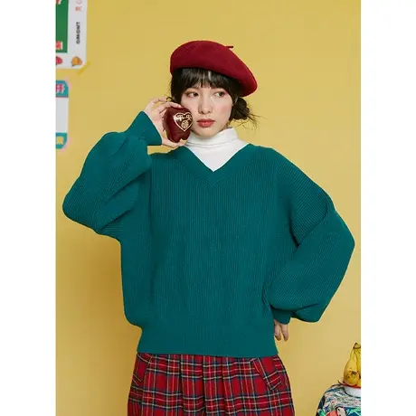 omont蛋挞家 复古纯色v领泡泡袖织带毛衣女宽松外穿短款冬季新款图片
