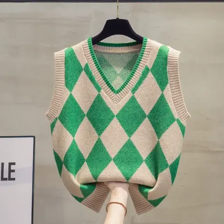 菱形v领针织马甲背心女2023春秋新款宽松马夹外穿上衣毛衣坎肩潮商品大图