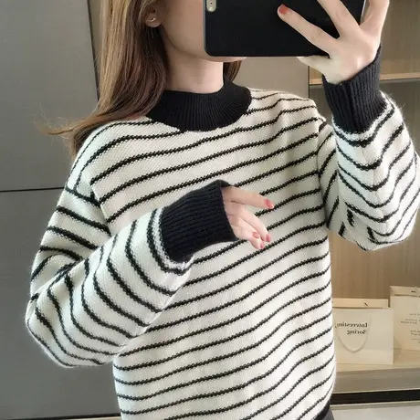 条纹毛衣女士秋冬季上衣套头针织衫女装新款宽松慵懒风加厚打底衫商品大图