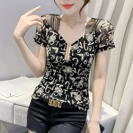 女装2023新款潮性感V领T恤女短袖夏时尚印花上衣洋气显瘦网纱小衫图片