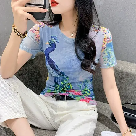 洋气印花T恤女短袖漂亮减龄网纱圆领小衫夏季别致修身上衣丅恤商品大图