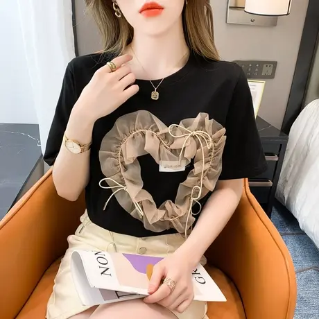 设计感爱心网纱拼接T恤女夏季2023新款小众别致纯棉短袖上衣ins潮商品大图