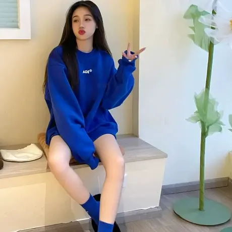 克莱因蓝卫衣女2023新款秋冬oversize加绒加厚中长款遮屁股外套潮商品大图