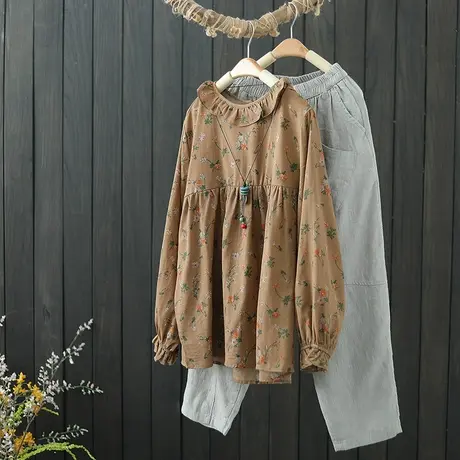 文艺复古小碎花套头棉麻衬衫女长袖春秋季宽松荷叶领长袖t恤上衣商品大图