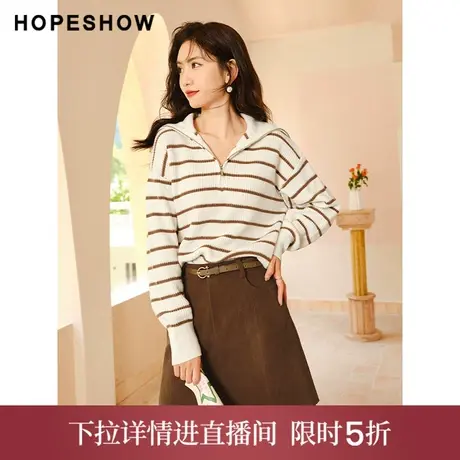 【直播专享】冬季金丝条纹海军翻领套头针织衫90122320105红袖商品大图