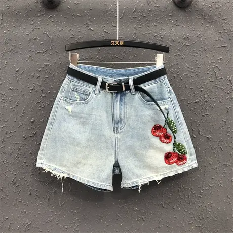 欧货2023夏季新款个性亮片樱桃牛仔短裤女高腰显瘦磨破阔腿裤热裤商品大图