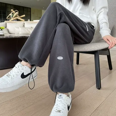 灰色阔腿运动裤女春秋新款高腰直筒宽松显瘦ins抽绳束脚休闲卫裤商品大图