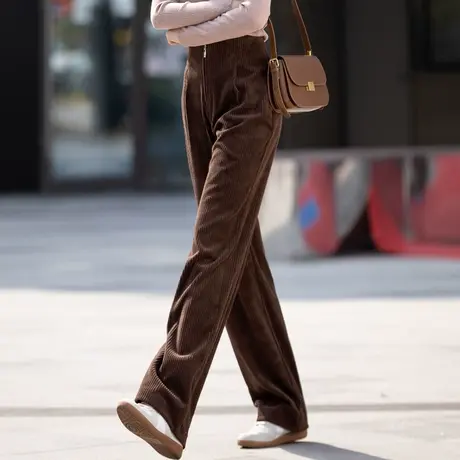 条绒灯芯绒阔腿裤女秋冬加绒高腰垂感咖色裤子直筒休闲裤拖地长裤商品大图