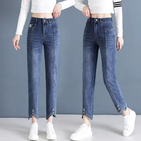 高腰牛仔直筒裤女不规则设计感裤子2023春季款显瘦小个子烟管裤商品大图