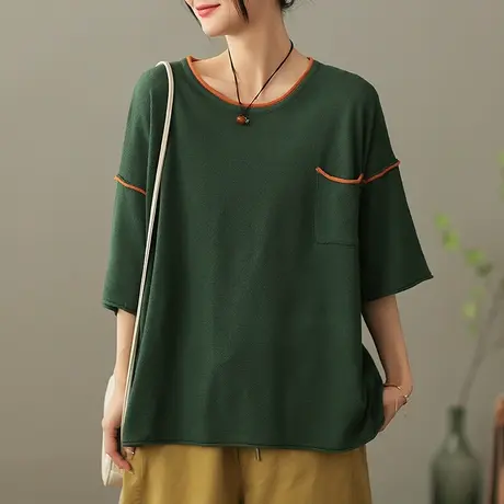 dza文艺复古圆领T恤女2023夏季纯色短袖体恤宽松显瘦套头打底上衣商品大图