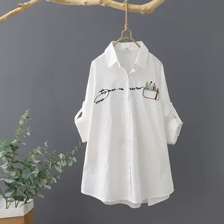 秋季新品韩范白衬衫女文艺上衣休闲打底衫宽松长袖短款刺绣衬衣潮商品大图