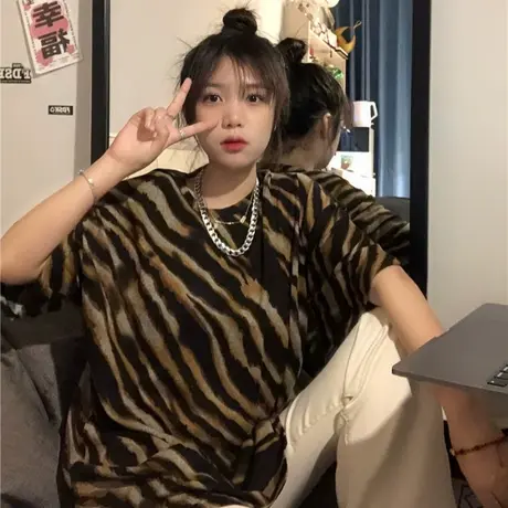 oversize短袖t恤女夏季2023宽松韩版ins潮欧美高街斑马纹半袖上衣商品大图