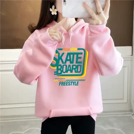 蓝色卫衣2023新款春秋冬薄款宽松韩版连帽秋季加绒加厚女士上衣潮商品大图