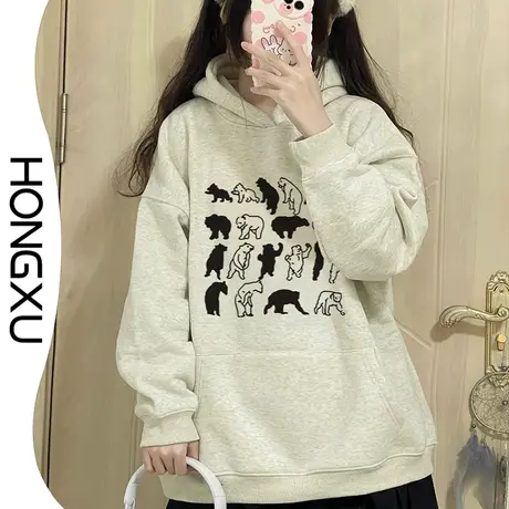 红续韩版新款简约印花卫衣加厚oversize显瘦百搭连帽上衣长袖百搭图片