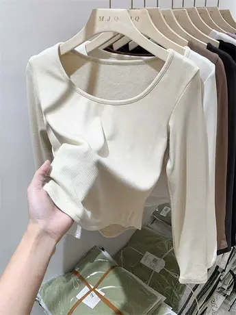 低领长袖纯色磨毛套头打底衫女秋冬季内搭短款性感设计感t恤上衣商品大图