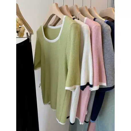 撞色绝绝子 法式方领柔软细羊毛修身显瘦弹力薄款针织短款上衣女商品大图