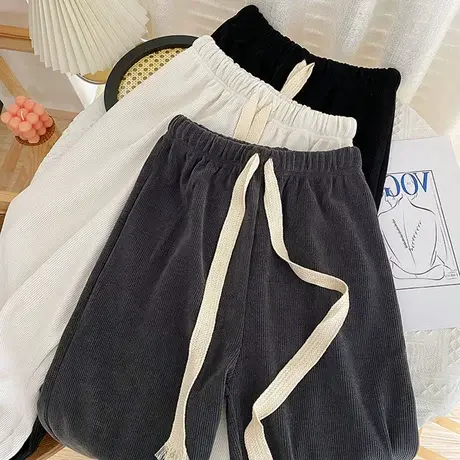 抽绳灯芯绒裤子女秋冬百搭加绒加厚绑带设计感小众宽松直筒阔腿裤商品大图