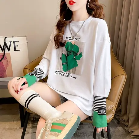 长袖t恤女春秋韩版宽松大码女装中长款加绒内搭保暖打底衫上衣服图片