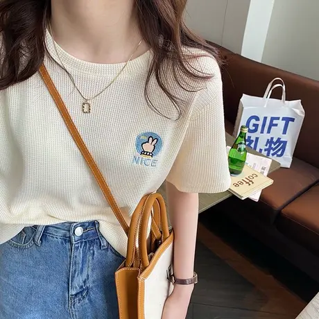 港味超火cec短袖T恤女夏季2023新款宽松韩版百搭华夫格半袖上衣潮商品大图