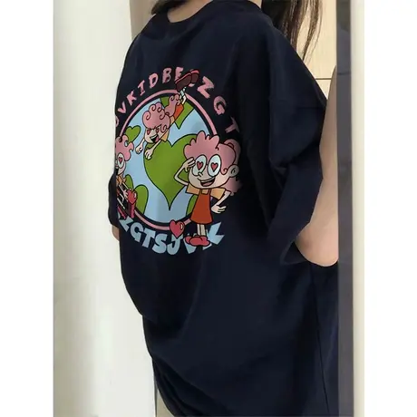 纯棉设计感小众短袖t恤女夏季新款潮牌港风chic宽松半袖大码上衣商品大图