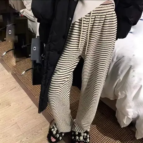 垂感阔腿裤女2023秋冬新款直筒宽松遛弯休闲裤抽绳高腰条纹拖地裤图片