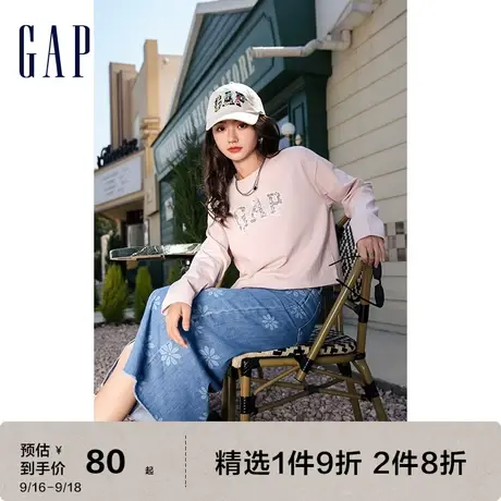 Gap女装秋季新款LOGO樱花粉水洗棉长袖T恤598222廓形休闲上衣图片