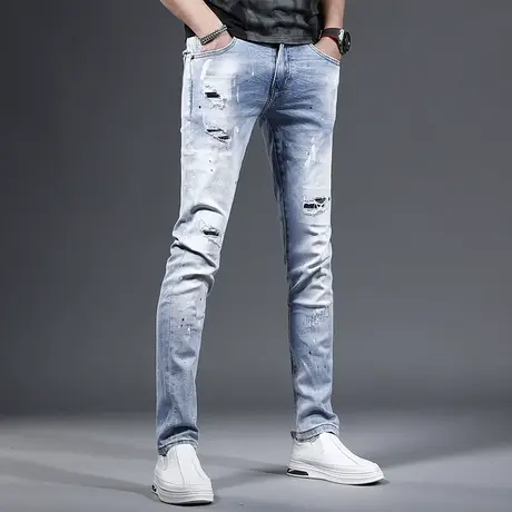 2023春季新款破洞牛仔裤男修身小脚裤浅蓝色泼墨潮流个性男士裤子商品大图