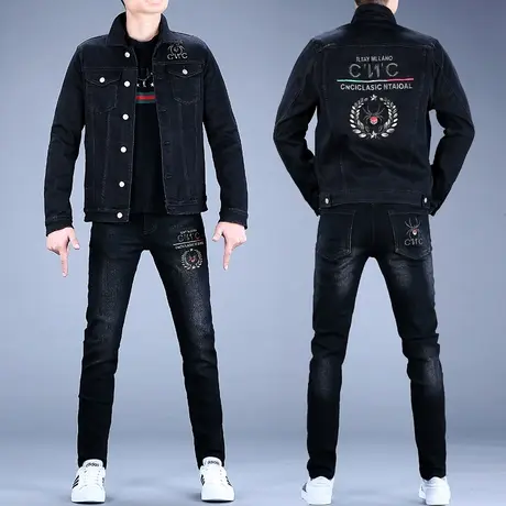 2023秋款男款男士刺绣牛仔衣男套装外套潮牌休闲男款裤子夹克上衣图片