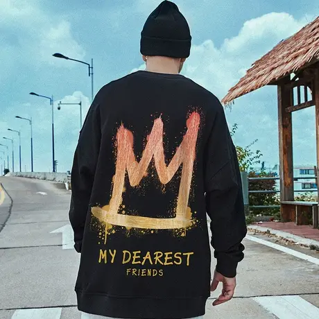 欧美潮牌无帽圆领卫衣男潮宽松大码男装胖子加肥加大hiphop外套潮图片