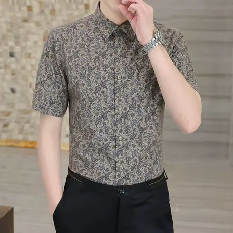 印花衬衫男短袖夏季休闲痞帅冰丝潮牌衬衣高级感寸衫英伦风上衣服商品大图