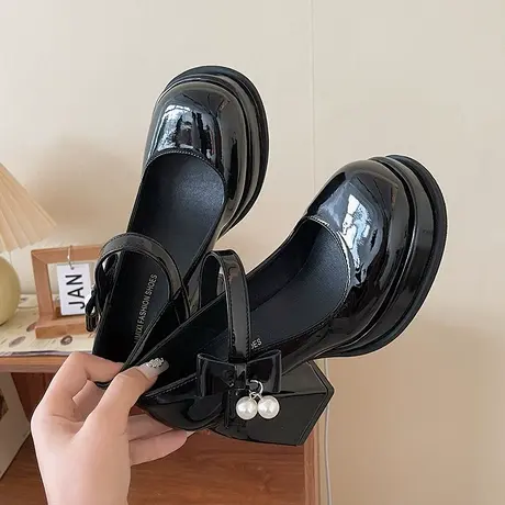 英伦风粗跟厚底小皮鞋女2023秋季新款高跟鞋蝴蝶结百搭玛丽珍单鞋图片