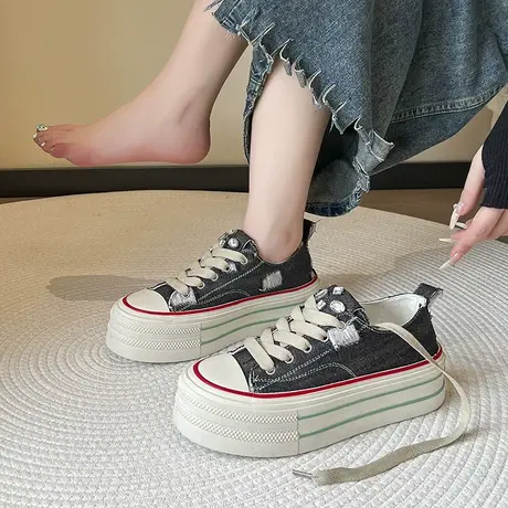 帆布鞋女厚底松糕单鞋2023秋季新款休闲风透气百搭时尚耐穿运动鞋商品大图