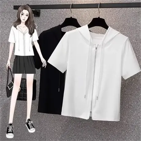 大码短袖t恤女装夏季新款胖mm拉链连帽韩版小众设计感上衣服200斤商品大图