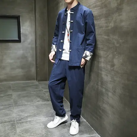 复古刺绣布扣唐装两件套秋季亚麻茶艺禅服套装男中国风立领中山装图片