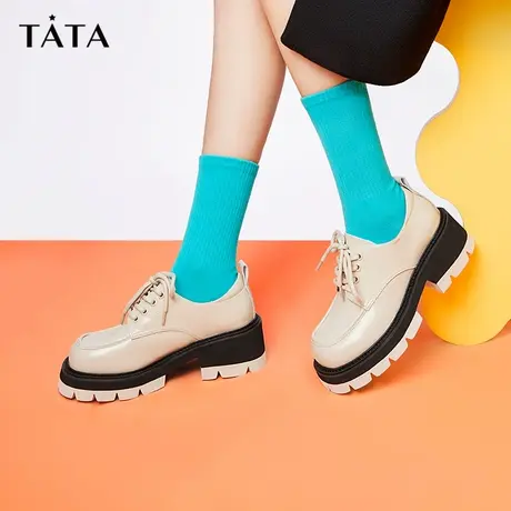 Tata他她白色系带皮鞋女春百搭新款厚底乐福鞋松糕鞋单鞋WRS01CM2商品大图