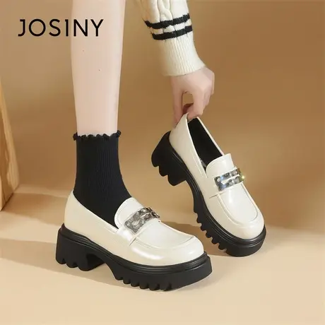 Josiny/卓诗尼乐福鞋女2024新款春季一脚蹬厚底增高时尚粗跟单鞋商品大图